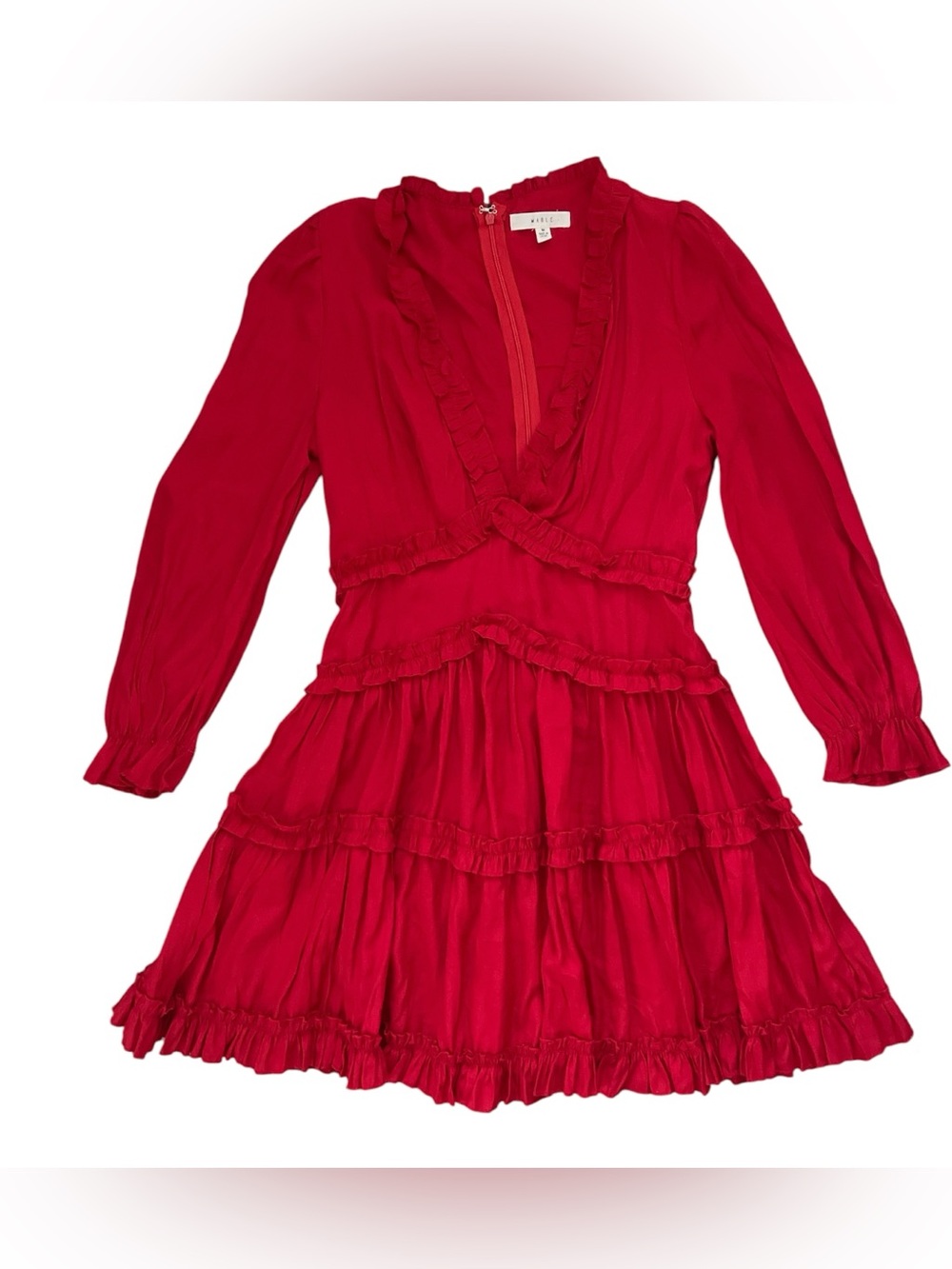 MABLE Red Long-Sleeve Ruffle Tiered Mini Dress